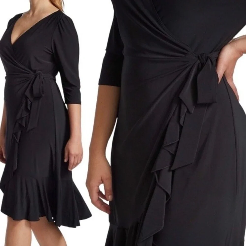 NWT Kiyonna | Whimsy Ruffle Wrap‎ Dress 3/4 Long Sleeve V Neck Black Noir S